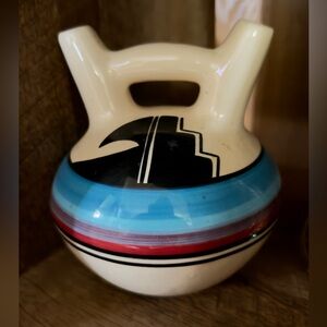 Southwestern Style Ceramic Vase with Blue and Red Accents